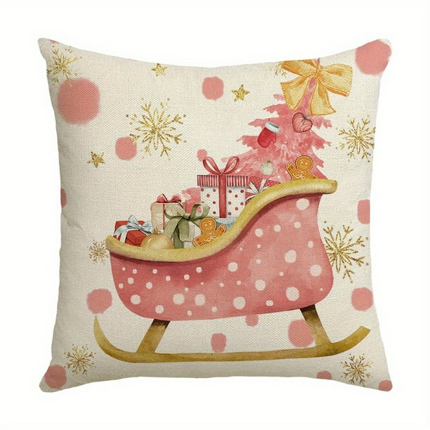 1pc, Pink Santa Claus Christmas Tree Sleigh Pink Fawn Ornament Throw Pillow Cover 17.7*17.7 Inch Winter Holiday Cushion Cover Decoration For Home Sofa Cushion