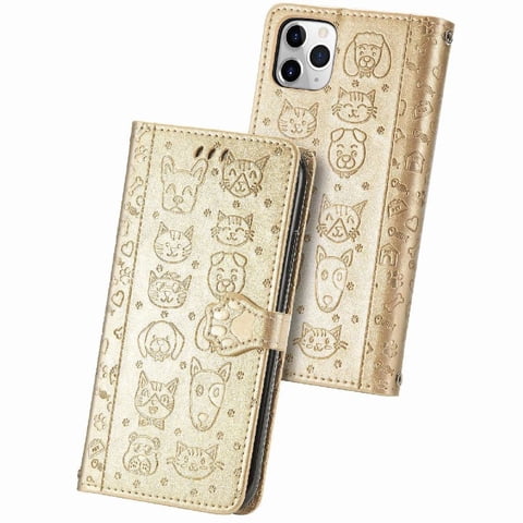 Funda Cartera Foxdock Para Iphone 11 Promax , Flip Pu Con Relieve De Gatos Y Perros, Tarjetero Y Soporte