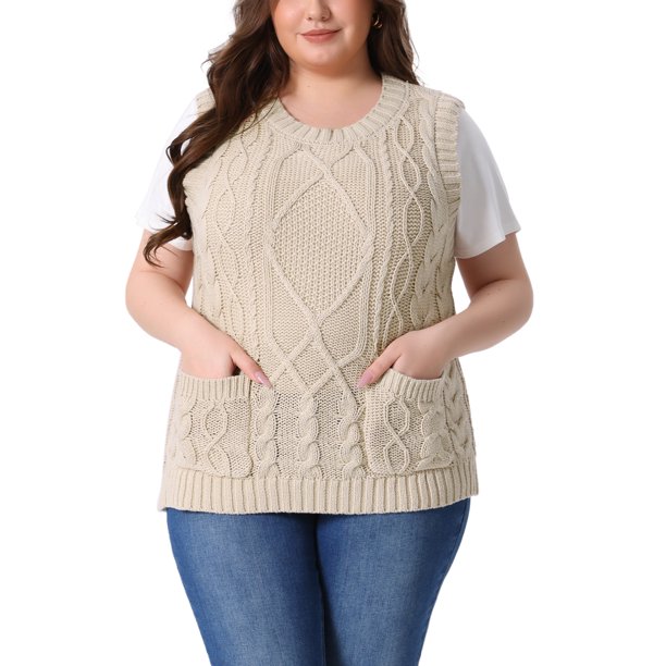 Agnes Orinda Chaleco de Punto de Talla Grande para Mujer Cuello Redondo Sin Mangas Suéteres Casuales de Punto con Bolsillo 4X Beige