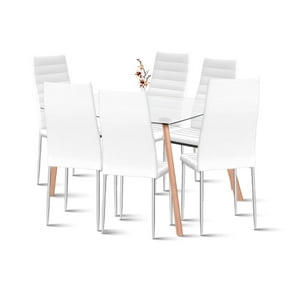 Klik Muebles - Mesa De Vidrio Rectangular 140X90Cm + 6 Sillas Dining Liana - Blancas