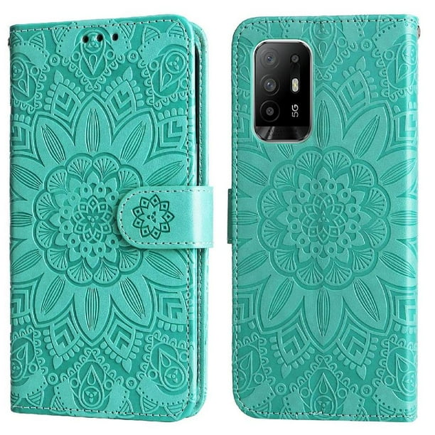 Funda tipo cartera FOXDOCK para OPPO A94 5G , diseño girasol en relieve, cuero PU, cierre magnético, soporte y tarjetero