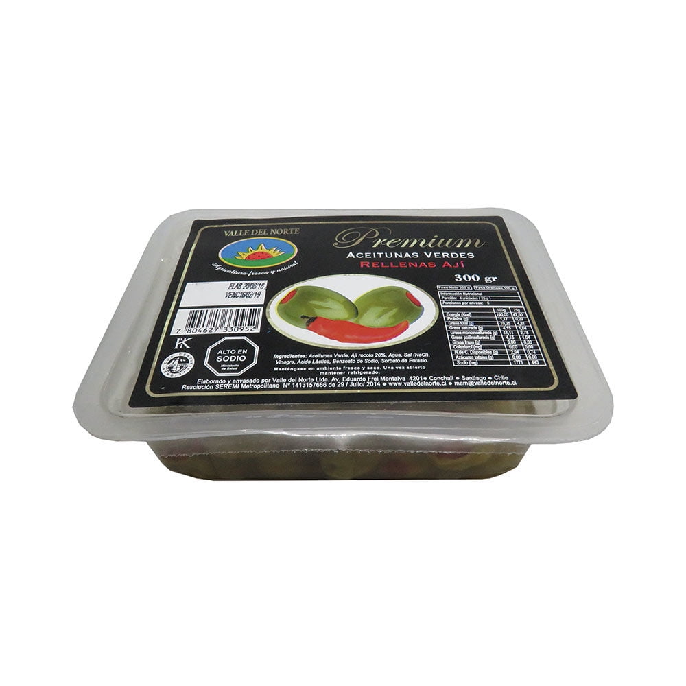Aceitunas Premium Verdes Rellenas Con Ají Rocoto 300 g Valle del Norte