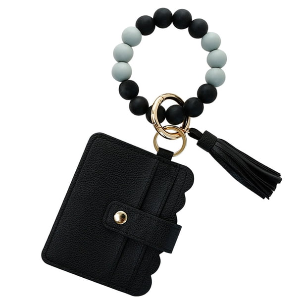 Pulsera llavero billetera, llavero de silicona con cuentas, llavero con borla y tarjetero para mujer