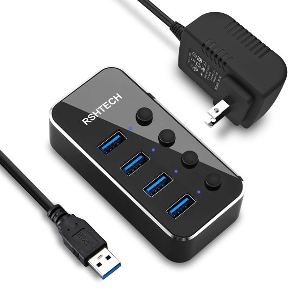Hub USB RSHTECH USB 3.0 de 4 puertos con interruptor de encendido/apagado y adaptador