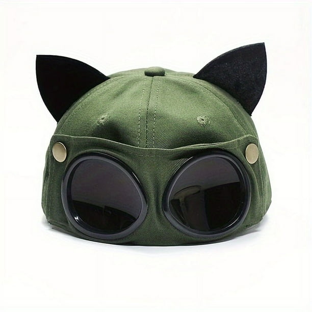 Cute Cat Ears Aviator Glasses Baseball Cap,Peaked Cap With Sunglasses Unisex,Cat Ear Retro Style Pilot Hat