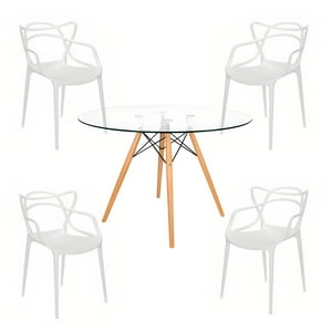 Klik Muebles - Comedor Mesa Eames Vidrio 80Cm - 4 Sillas Master Blancas