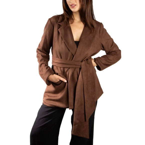 Jess de Meiko Chaquetas de Mujer de Ante Sintético Mangas Largas Solapa con Muesca Blazer con Cinturón para el Trabajo S Marrón