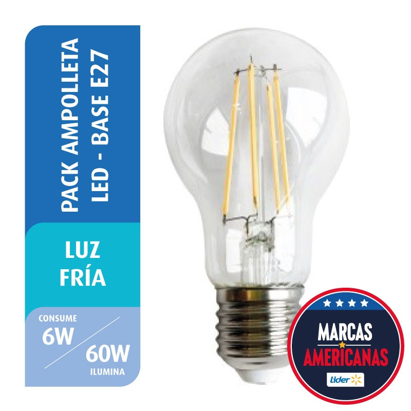 Pack 4 Ampolletas Led Filamento A60 6w Luz Fría Base E27 4 Un Great Value
