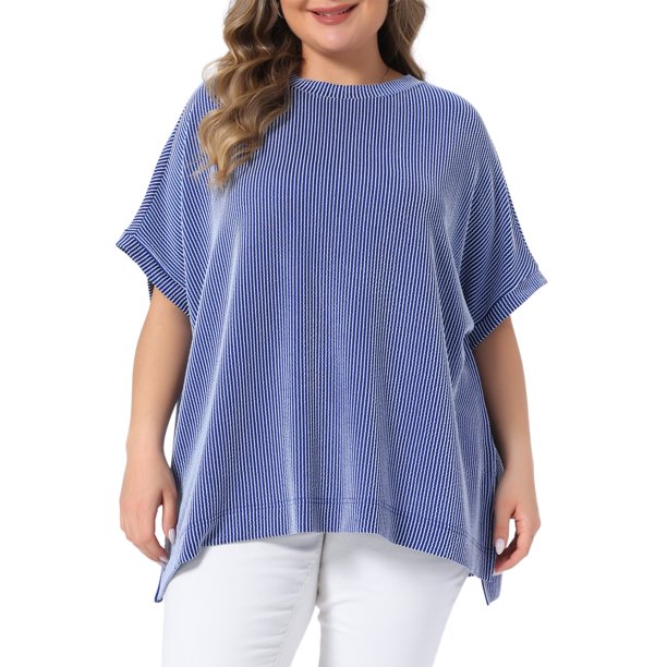 Agnes Orinda Blusas de Verano Casual de Talla Grande para Mujer con Rayas, Cuello Redondo, Manga Corta, Abertura Lateral, 3X Azul