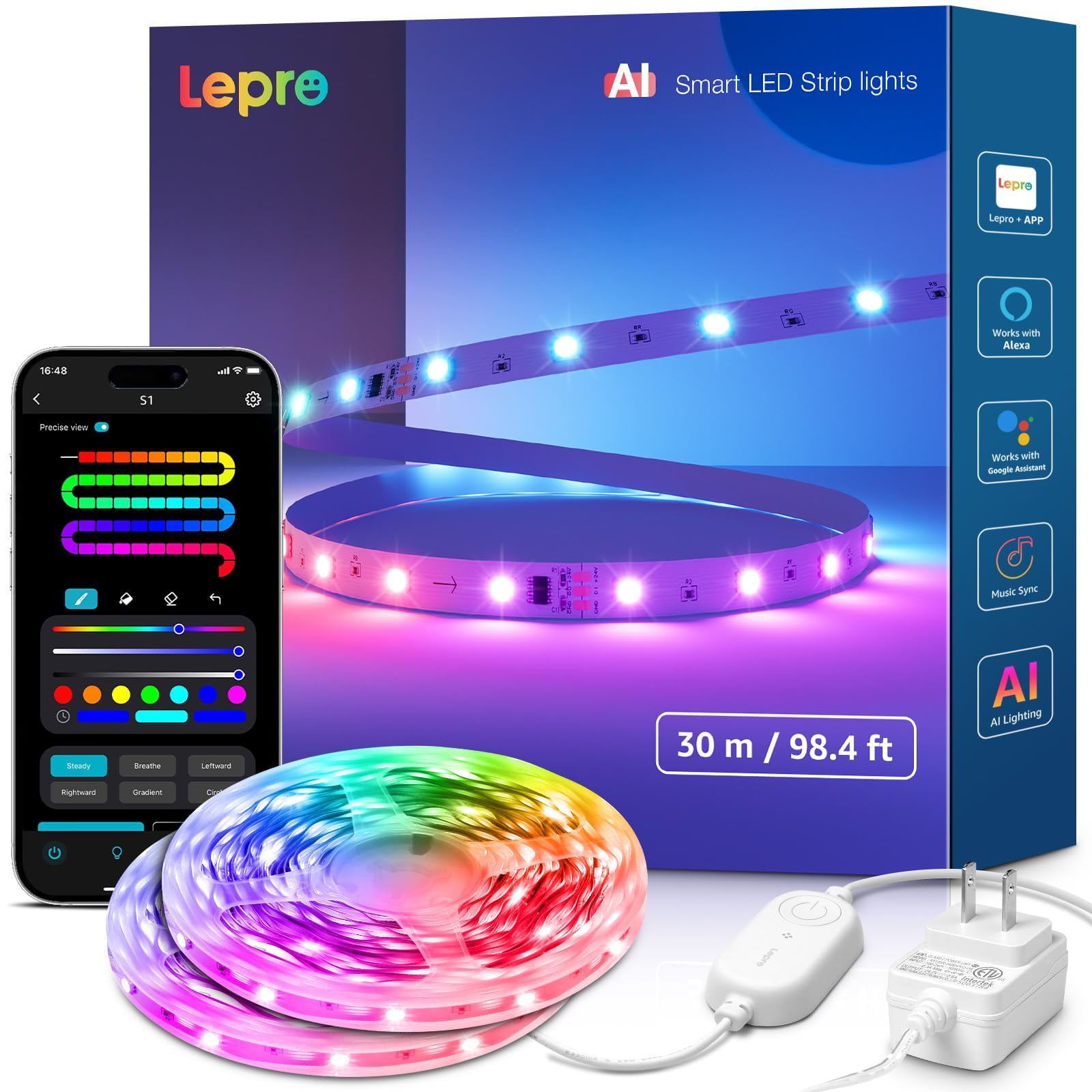 Tira De Luces Led Lepro S1 Ai Para Dormitorio Rgb Inteligente De 100 Pies (2 X 50 Pies)