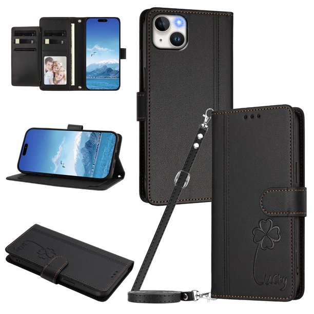 Funda Cartera Trébol para iPhone 15 Plus con Ranuras Tarjetas y Carga Inalámbrica Negro