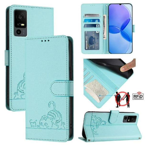 Funda tipo cartera FOXDOCK para TCL 40R con soporte, ranuras, RFID, diseño de gato