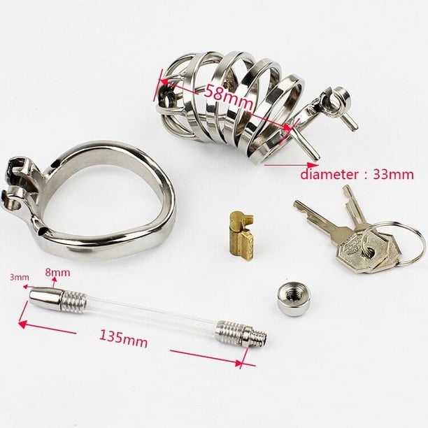 Stainless Steel Male Lockable Chastity Device with Silicone Urethral Catheter Hollow Cock Cage BDSM Restraint Penis Rings Man
