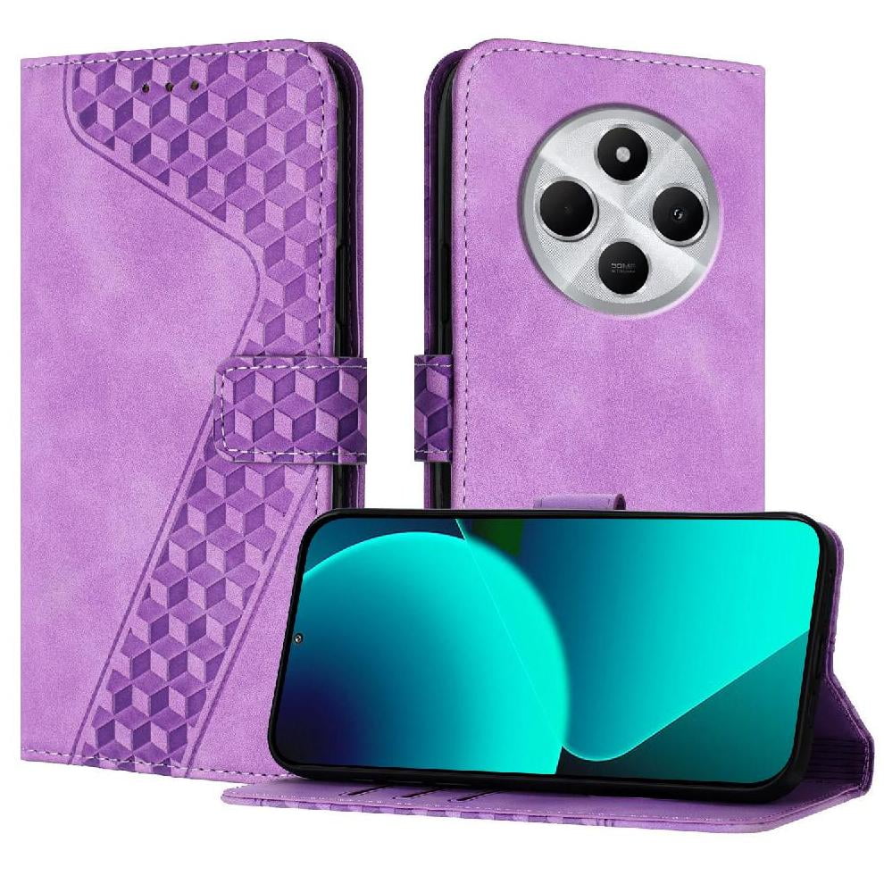 Foxdock - Funda Tipo Cartera Para Xiaomi Poco C75 Con Tarjetero, Bolsillo Para Billetes, Soporte, Cierre Magnético Y Correa Para La Muñeca, Funda Tipo Folio Con Textura Geométrica Morado