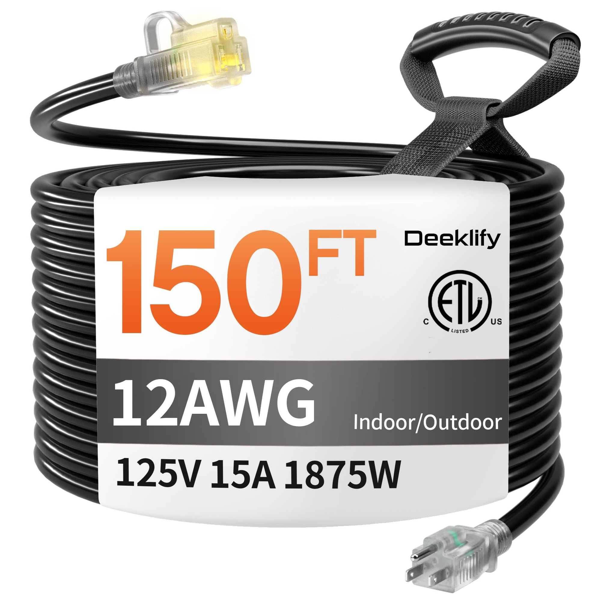 Cable De Extensión Deeklify De 150 Pies, Calibre 12, Enchufe Iluminado Impermeable, 110 V