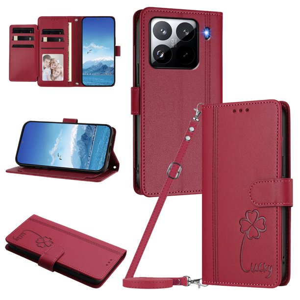 Funda Cartera Trébol para Xiaomi 15 Pro con Ranuras Tarjetas y Carga Inalámbrica Rojo