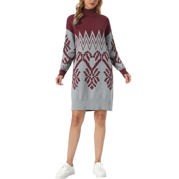INSPIRE CHIC Vestido de Punto para Mujer Cuello Alto Manga Larga Patrón Acanalado Vestido Casual hasta la Rodilla L Rojo Oscuro