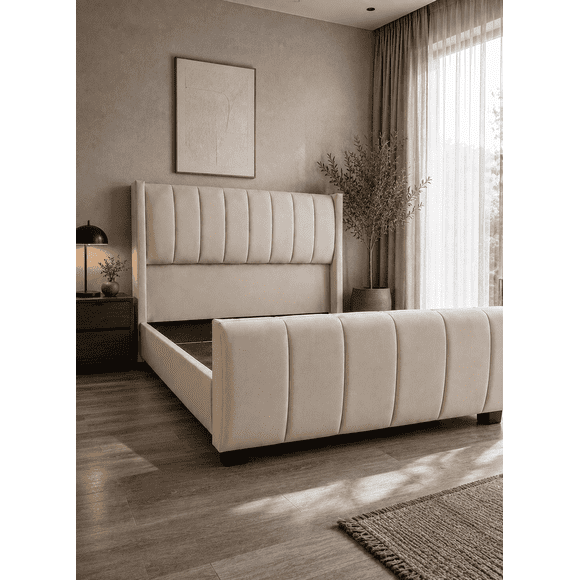 Cama Europea 2 Plazas Tapizada Felpa Base Dividida Doble Respaldo Crudo