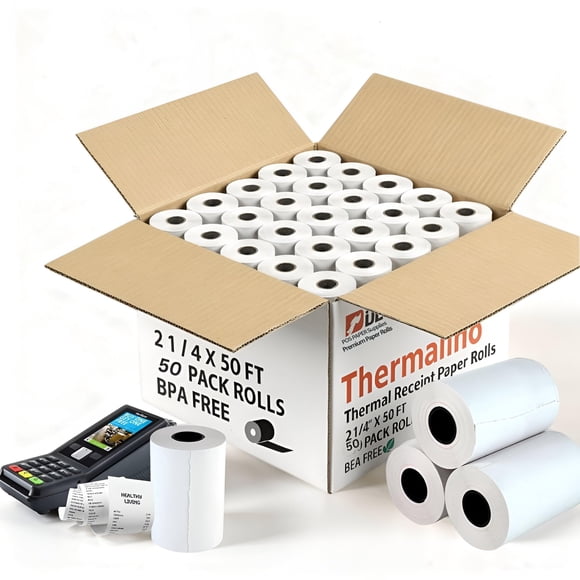 Rollos de papel térmico Thermalino 57 mm x 15 m, sin BPA, 50 unidades