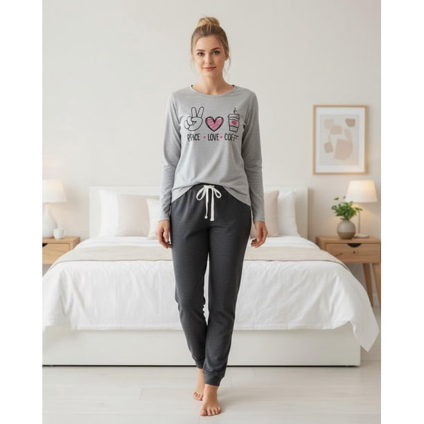 Pijama Mujer Algodón Peace Love Coffee Gris gris XL