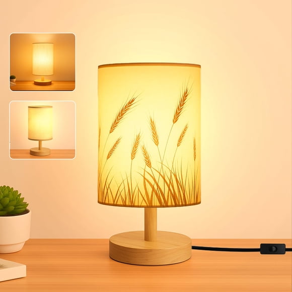 Lámpara EZIYIN LED con bombilla incluida, base de madera y pantalla de lino