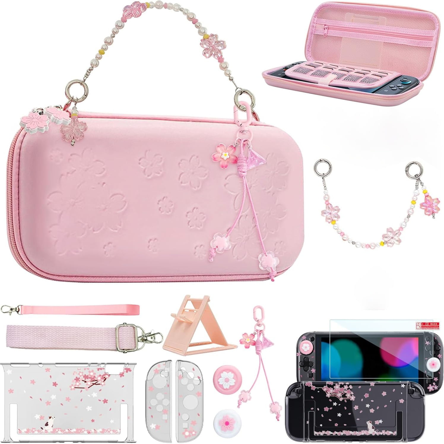 Genérico - Set De Estuche De Transporte Para Nintendo Switch 2 Con Fundas Para Joypad, Caps De Agarre Para Pulgar, Protector De Pantalla, Correa De Mano Sakura