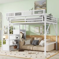 M&Ms - Queen Size Loft Bed With Stairs, Metal Queen Loft Bed With Storage Shelves, High Loft Bed With Wardrobe For Kids Teens, White, Patent Products