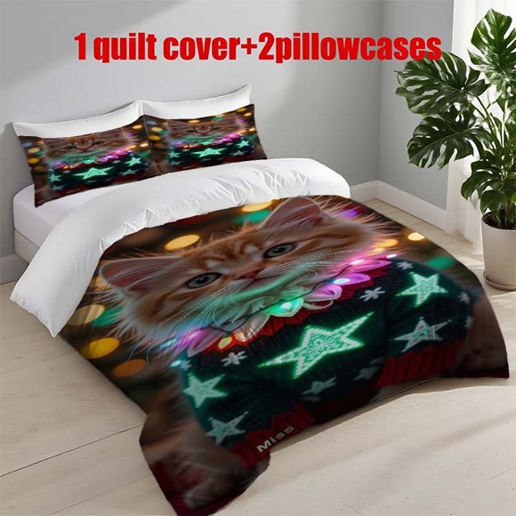 3pcs Orange and White Kitten Christmas Sweater Theme Printed Bedding Set | Includes 1 Duvet Cover and 2 Pillowcases All Season