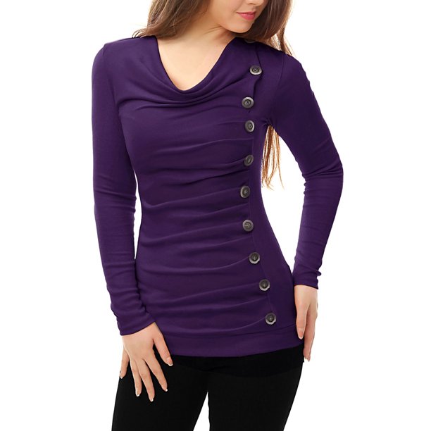 INSPIRE CHIC Top de Mujer con Cuello de Cisne de Manga Larga, Decoración de Botones, Frente Fruncido, Ajuste Regular, Pulóver XS Púrpura