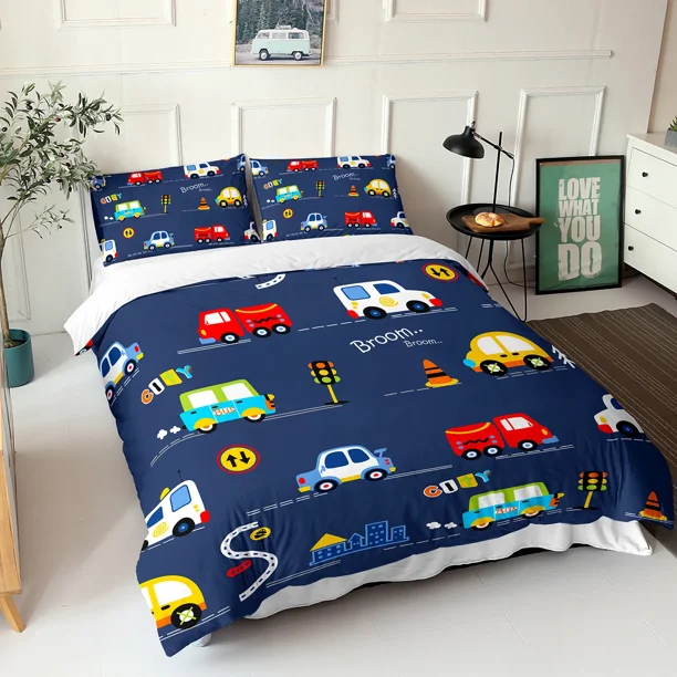 Cars Duvet Cover Kids Boys Cartoon Bedding Set 3 Pieces Soft Lightweight Microfiber Comforter Cover with Zipper Ties Pillowcases Bed Sheets