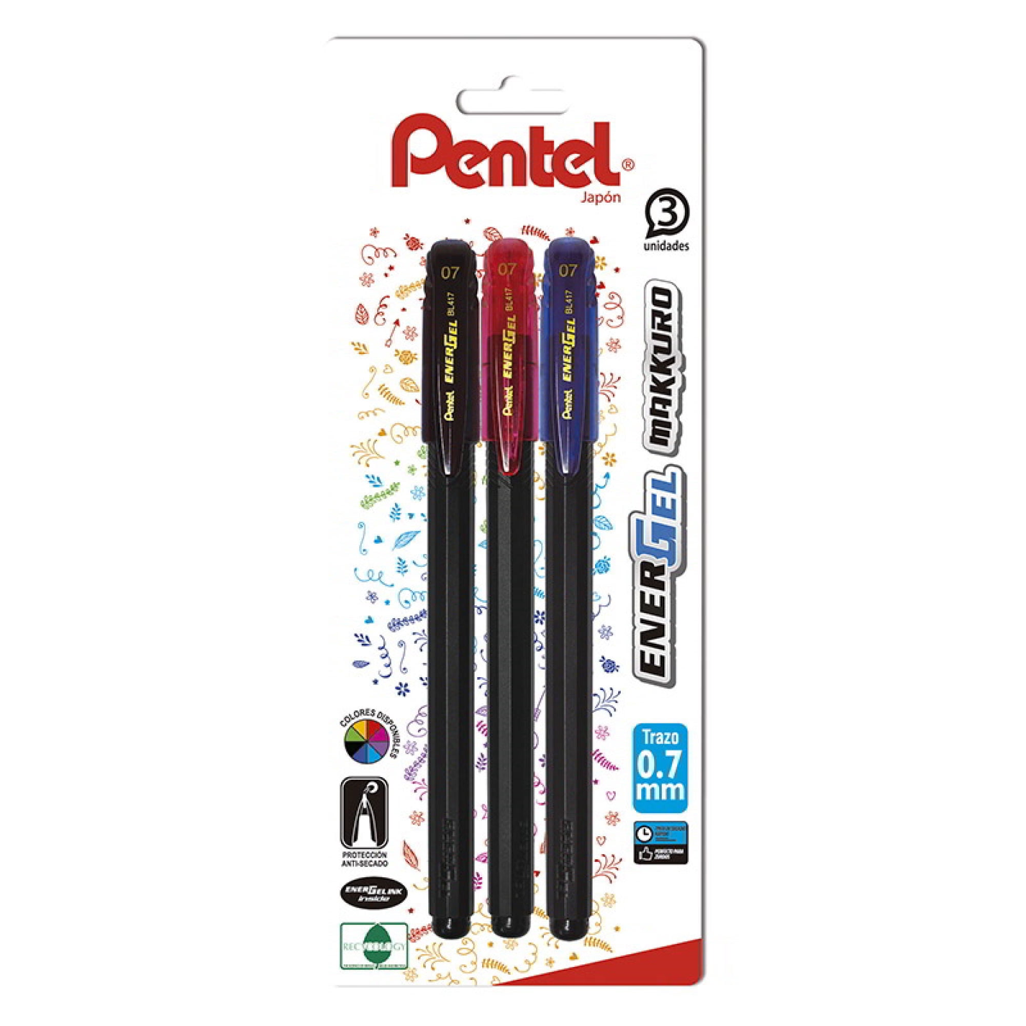 Lápices Gel Makkuro Energel 0.7 Mm / Negro, Rojo, Azul Pentel