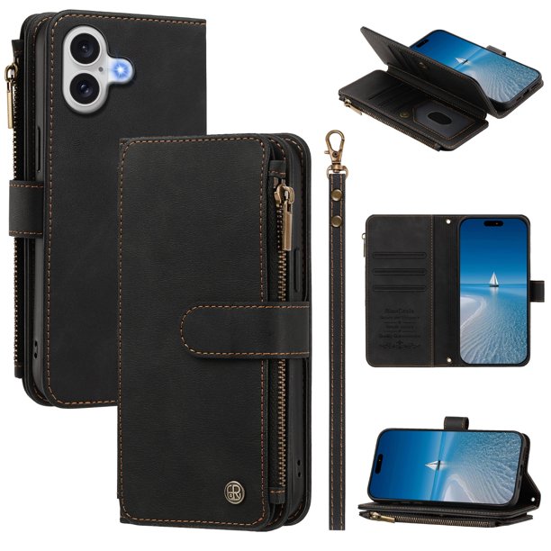Funda Cartera para iPhone 17 con Cremallera y Ranuras, Negro