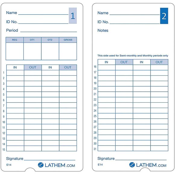 Paquete de 100 tarjetas de tiempo Lathem 18 cm, doble cara