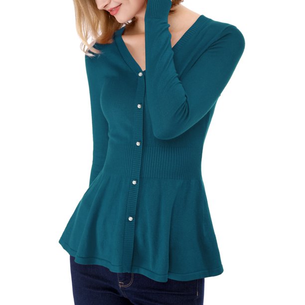 INSPIRE CHIC Suéter Peplum de Mujer Cuello en V Manga Larga Tejido Ajustado en la Cintura para Uso Casual y Estilo Diario M Azul Verde