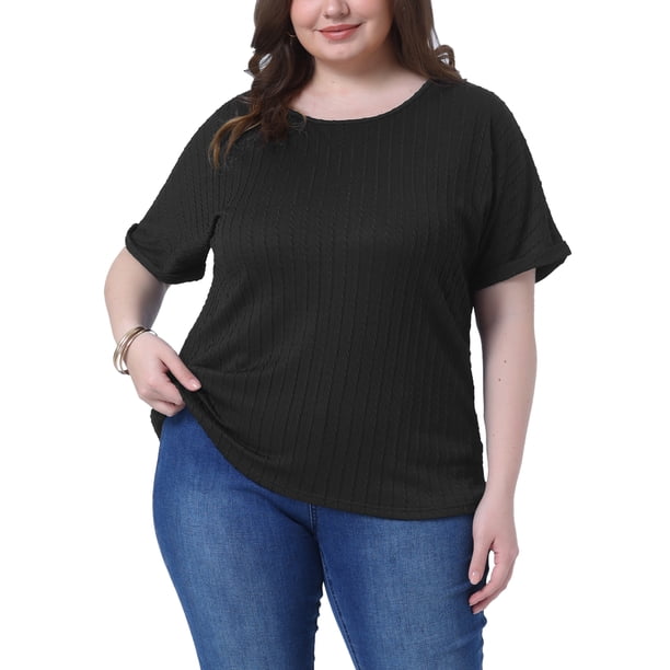 Agnes Orinda Camisetas Texturizadas para Mujer de Talla Grande con Mangas Cortas Enrolladas Cuello Redondo Blusas Básicas Casuales 2X Negro