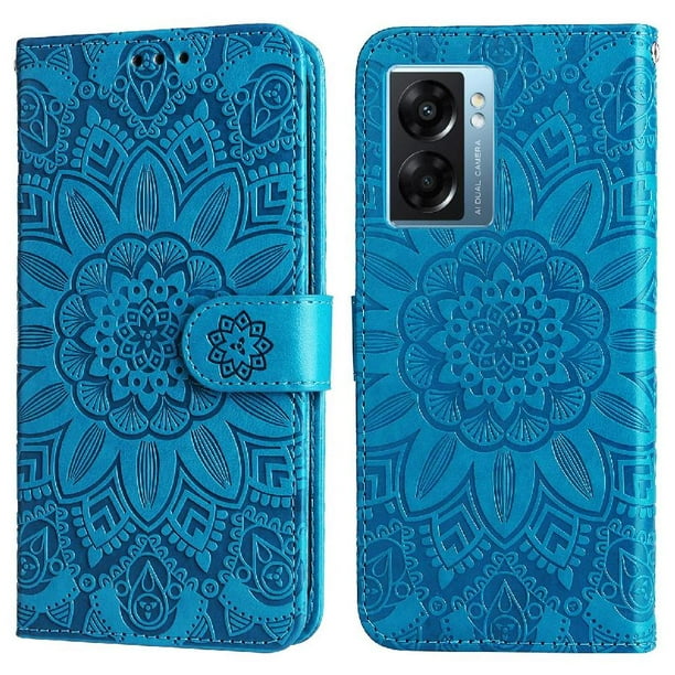 Funda tipo cartera FOXDOCK para OPPO A77 5G , diseño girasol en relieve, cuero PU, cierre magnético, soporte y tarjetero
