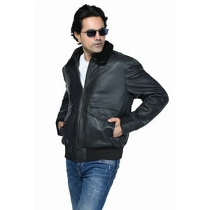 Chaqueta Cuero Sharo Classic Leather Negra Con Cuello De Piel Genuina