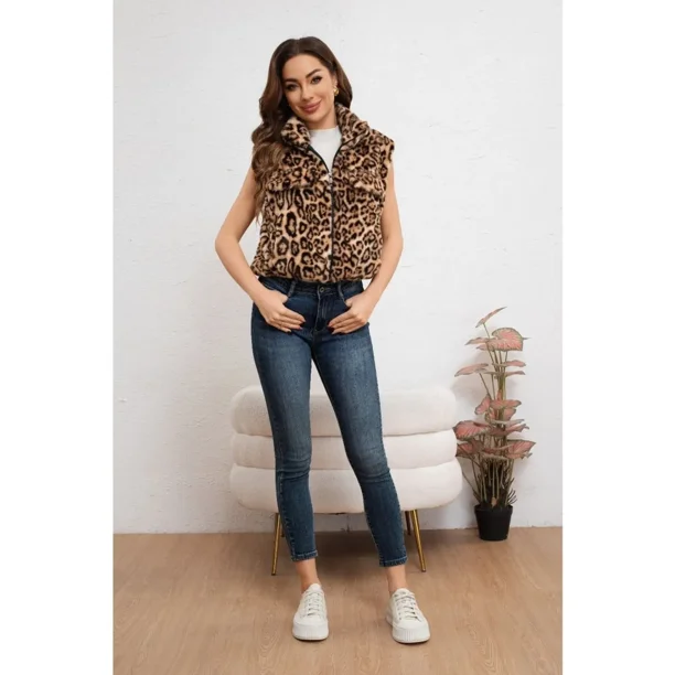 Chaqueta Corta Mujer Sin Mangas Peluda Animal Print 6097