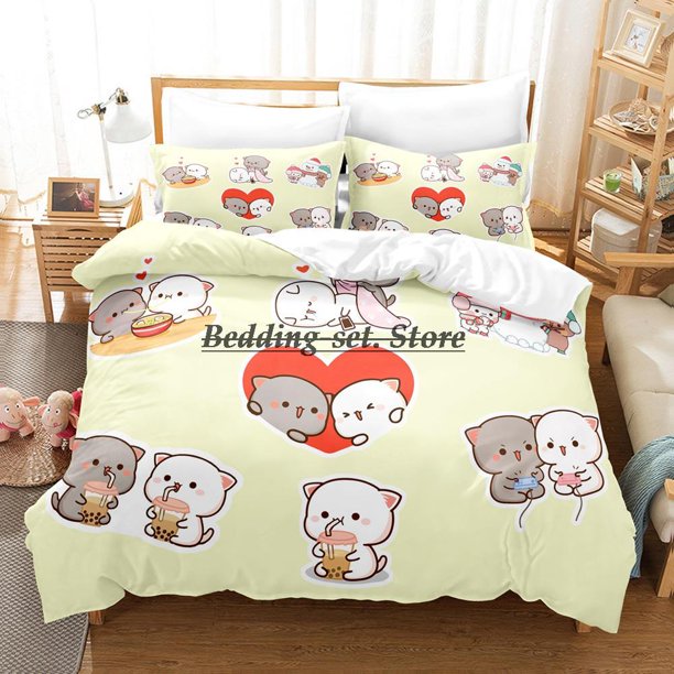 Peach Cat Bedding Set Bed Set Aldult Kid Bedroom Duvetcover Sets Bed Sheet Set