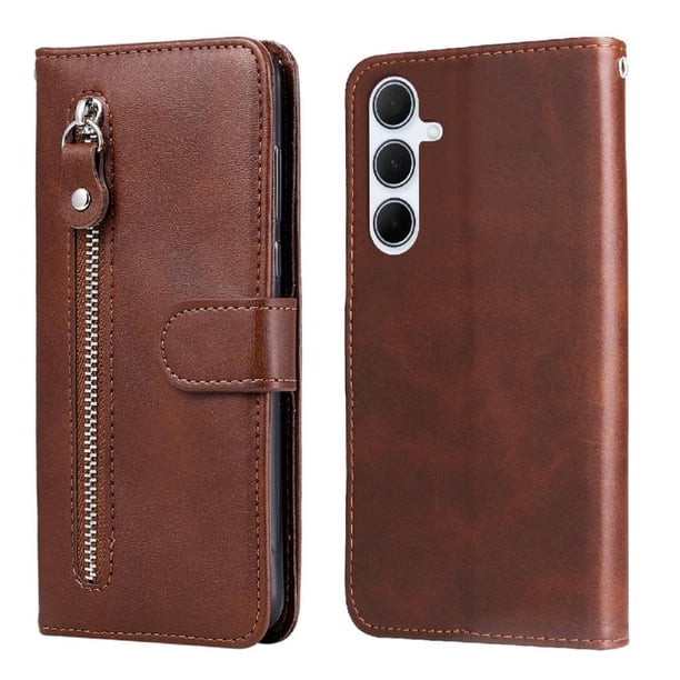 Funda tipo cartera para Samsung Galaxy A36 5G con bolsillo con cremallera y ranuras para tarjetas – Función de soporte Marrón