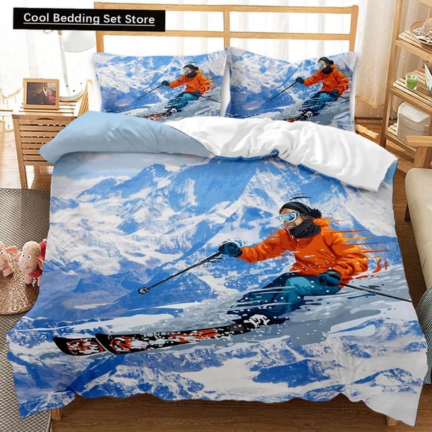 v1003 Bed Sheets Skiing Duvet Cover Set Snow Mountain Comforter Cover Extreme Sports Game Polyester Quilt Cover Snowboard Double Queen King Size 3-Piece Bedding Set (1 Duvet Cover + 2 Pillow Shams) Be