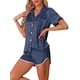 thumbnail image 4 of INSPIRE CHIC Conjunto de Pijama de Satén para Mujer, Manga Corta de Seda, Camisón Abotonado con Ribete en Contraste y Pantalones Cortos para Primavera Verano 2XL Azul Marino, 4 of 6