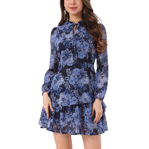 INSPIRE CHIC Vestidos de Verano para Mujeres 2025 Floral con Lazo en el Cuello en V Semi Transparente de Manga Larga en Capas Vestido Mini de Chifón S Azul Oscuro Floral