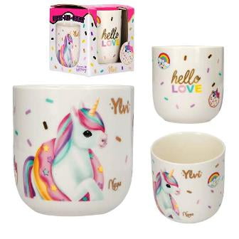 Taza de porcelana Hello Love sin asa con tierno diseño de unicornio y cajita de regalo - Ylvi