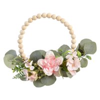 Bothyi - Corona De Cuentas De Madera Rústica Con Flores Guirnalda De Puerta Delantera Decoración Interior Rosa