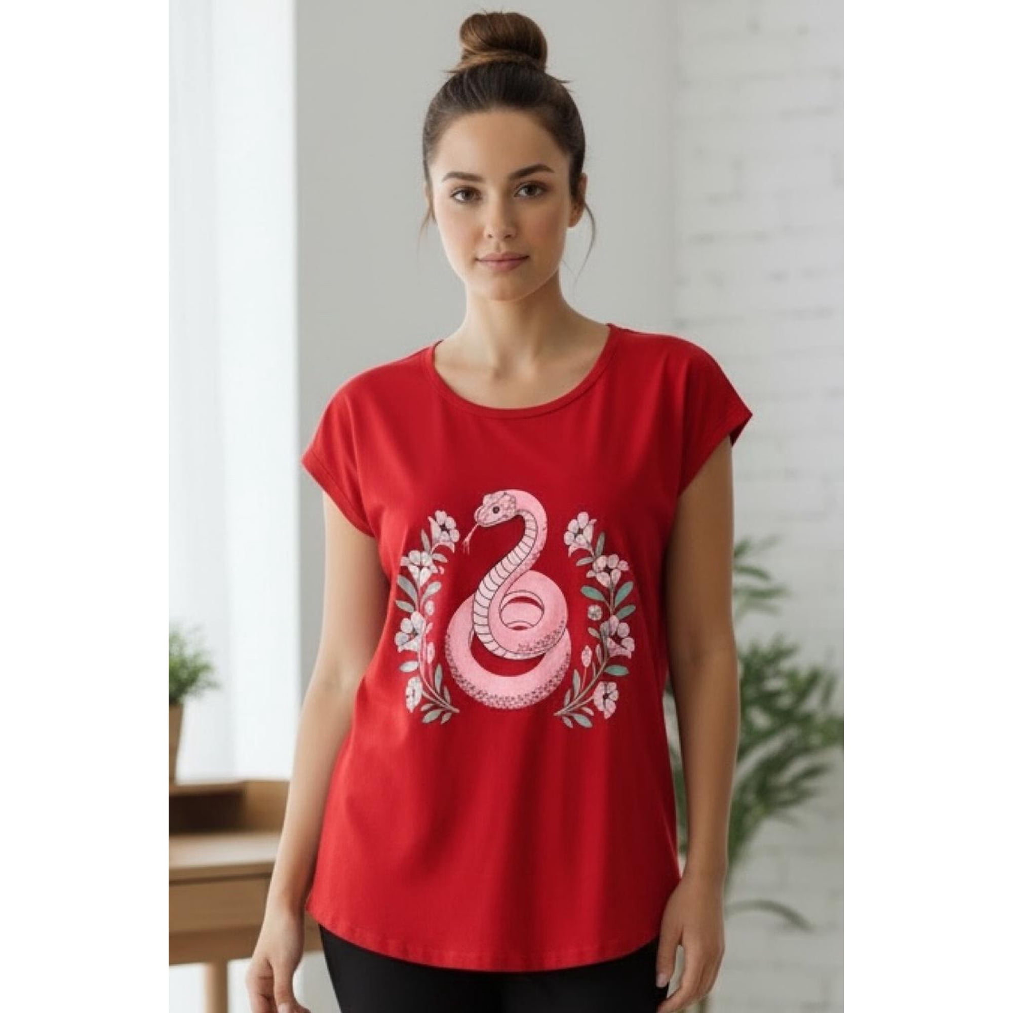 Kowhai - Polera Pijama Mujer Estampado Snake Rojo S
