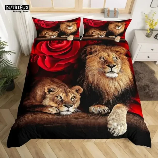 Strong Lions Tiger Bedding Sets Flame Wolf Duvet Cover Kids Women Rose Room Decor Bedclothes Bed Sheets