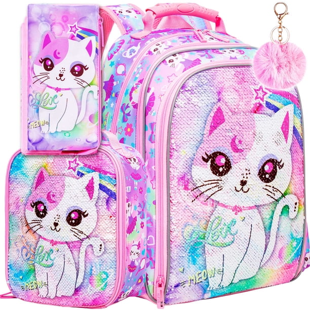 3PCS Cat Backpack for Girls, 16”Kids Sequin Bookbag with Lunch Box, Water Resistant School Bag for Elementary Preschool Toddler