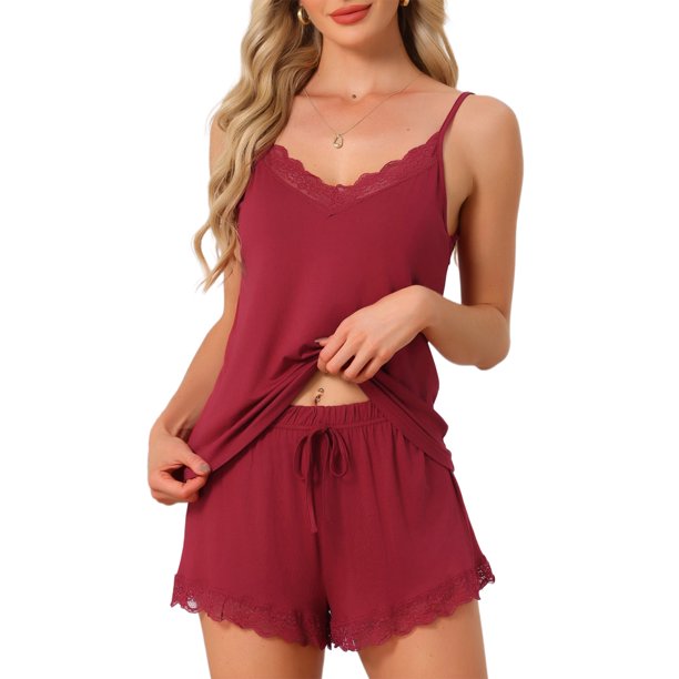 INSPIRE CHIC Pijamas para Mujer Conjunto de Pijama de Rayón con Encaje Camiseta sin Mangas con Pantalones Cortos Ropa de Dormir con Tirantes Ajustables L Rojo