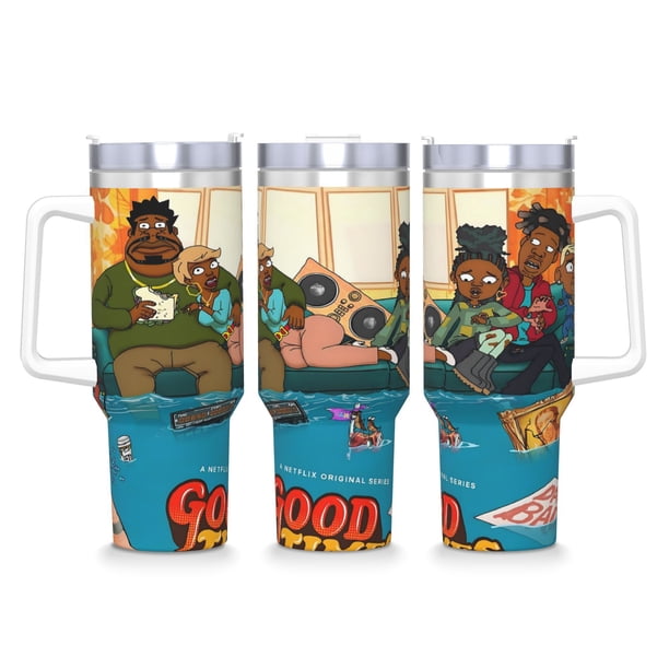 Buenos Tiempos Vaso aislado de acero inoxidable con asa, diseño temático, regalo para familia, amigos y fans; incluye pajita y encaja en el portavasos estándar, 40 oz